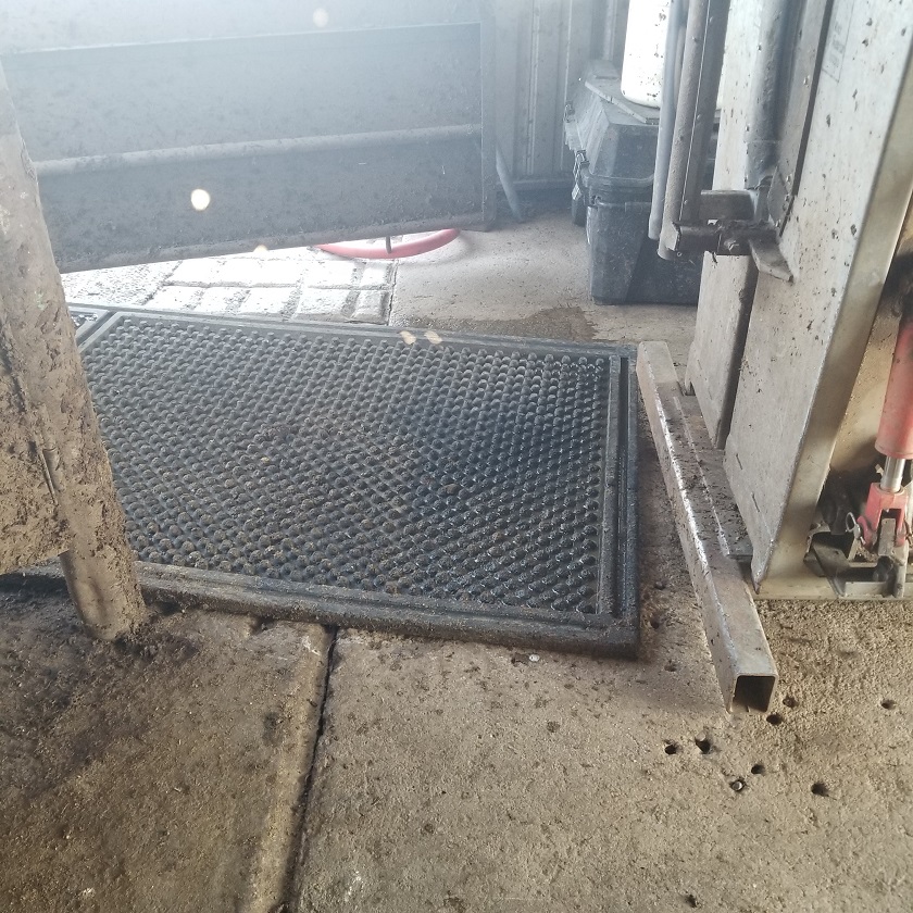 Chute mat at angle in front of chute